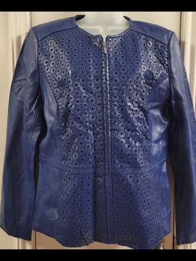 Women's Isaac Mizrahi Live Royal Blue Laser-Cut Leather Jacket